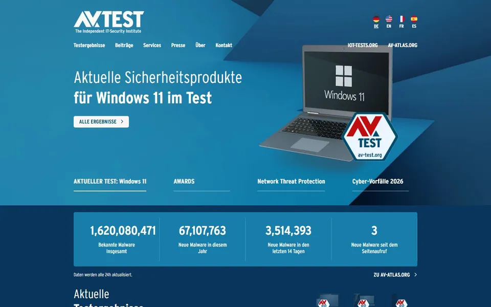 AV-TEST – Ansicht der Anbieter-Website