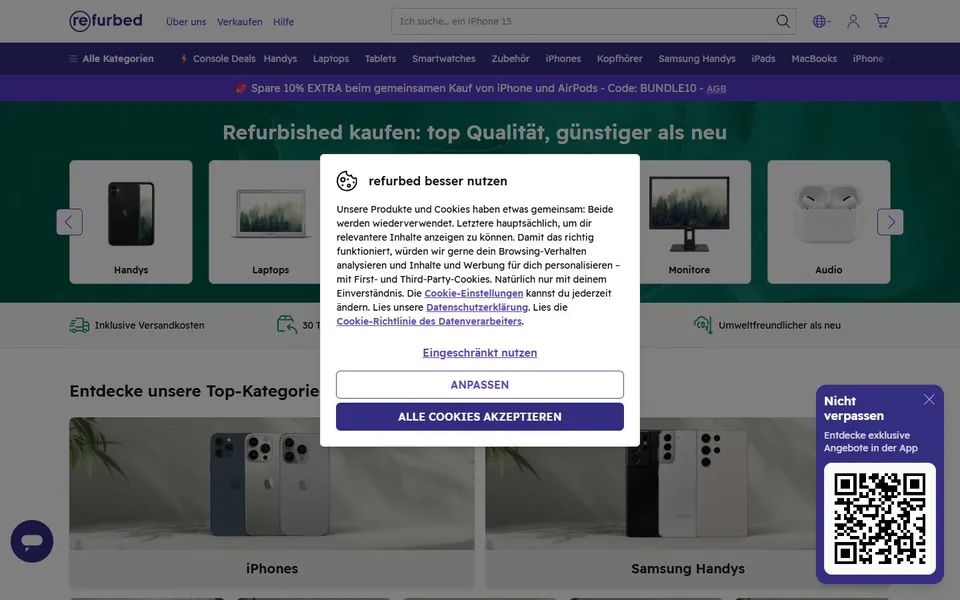 refurbed – Ansicht der Anbieter-Website