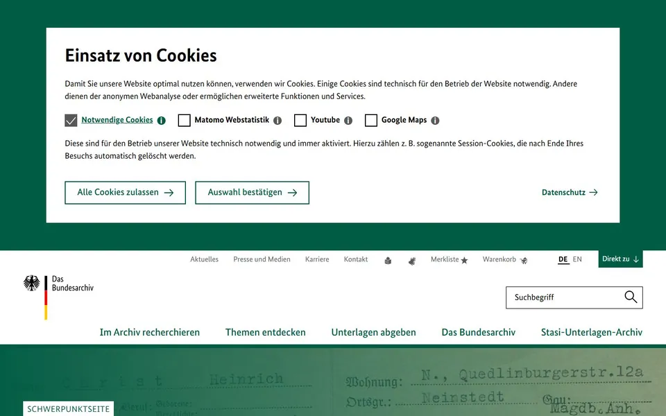 Bundesarchiv – Ansicht der Anbieter-Website