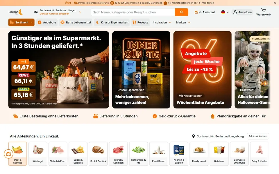 Knuspr – Ansicht der Anbieter-Website