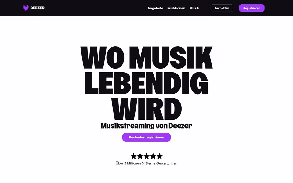 Deezer – Ansicht der Anbieter-Website