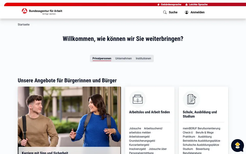 Bundesagentur für Arbeit – Ansicht der Anbieter-Website