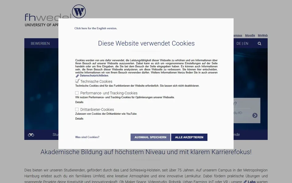 Fachhochschule Wedel – Ansicht der Anbieter-Website