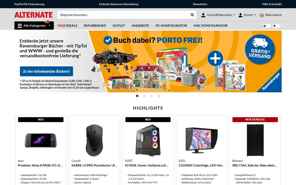 Alternate – Ansicht der Anbieter-Website