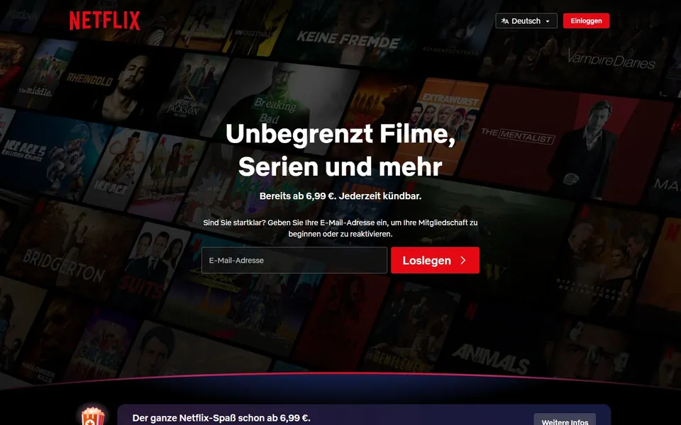 Netflix – Ansicht der Anbieter-Website