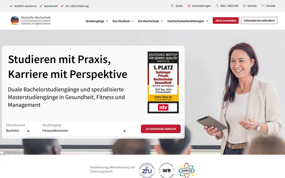 Deutsche Hochschule für Prävention und Gesundheitsmanagement – Ansicht der Anbieter-Website