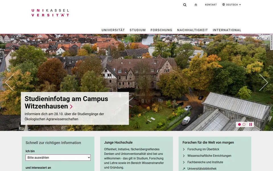 Universität Kassel – Ansicht der Anbieter-Website