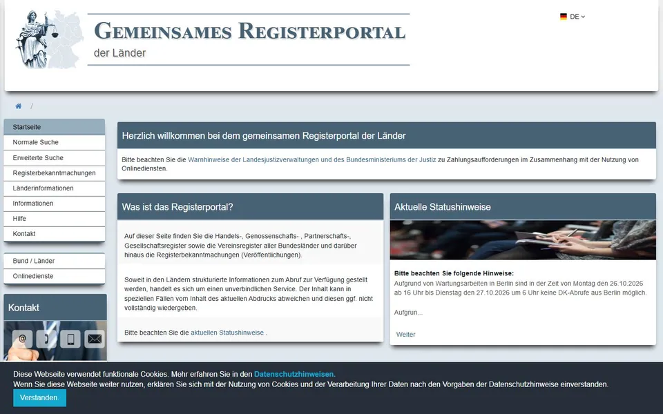 Handelsregister – Ansicht der Anbieter-Website