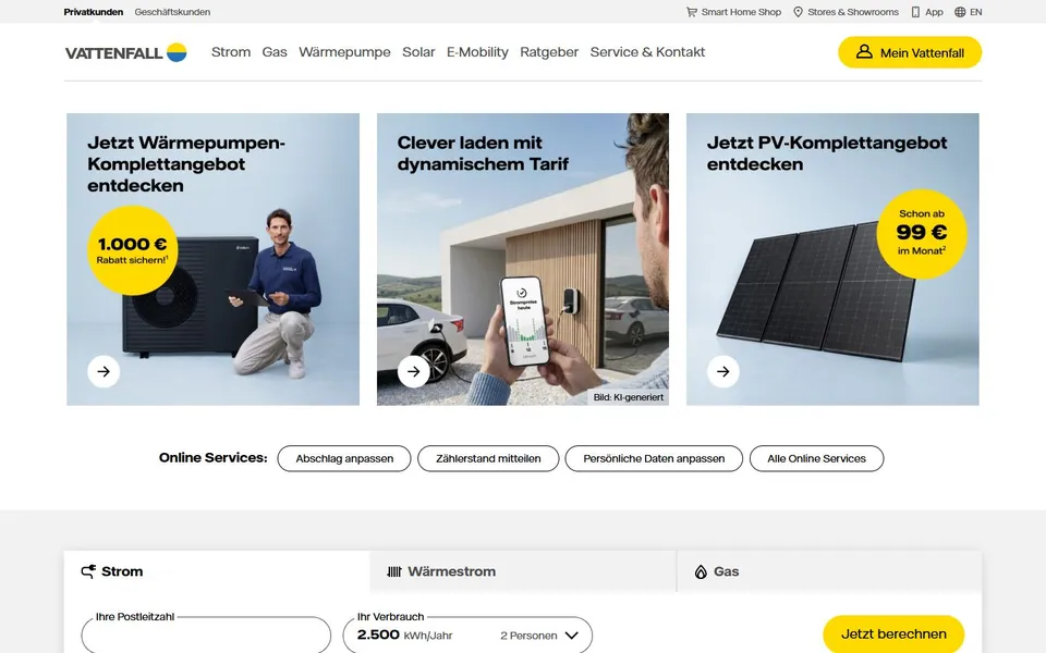 Vattenfall – Ansicht der Anbieter-Website