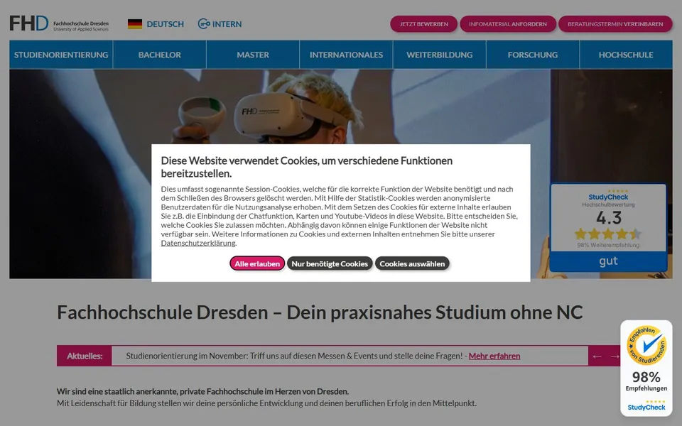 Fachhochschule Dresden – Ansicht der Anbieter-Website