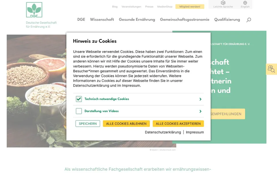 Deutsche Gesellschaft für Ernährung – Ansicht der Anbieter-Website