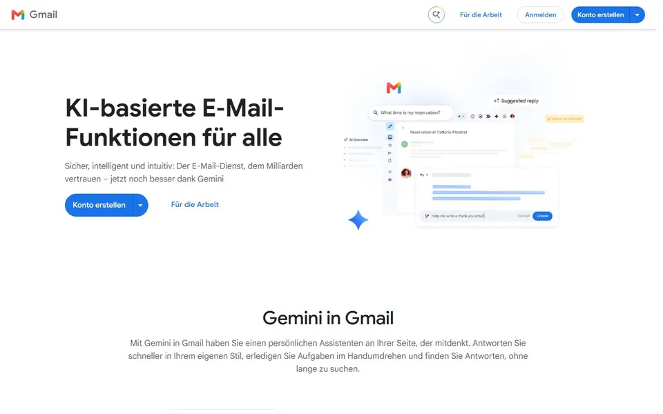 Gmail – Ansicht der Anbieter-Website