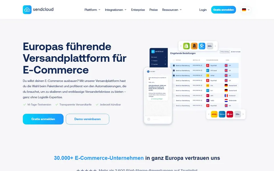 Sendcloud – Ansicht der Anbieter-Website