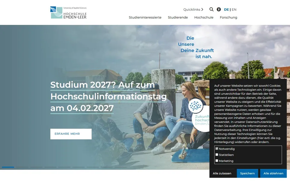 Hochschule Emden/Leer – Ansicht der Anbieter-Website
