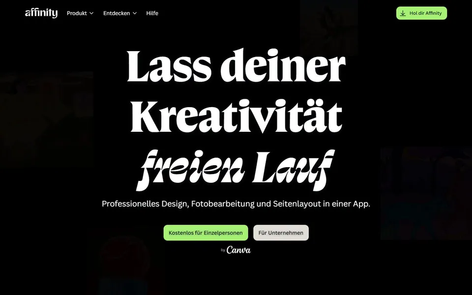 Affinity – Ansicht der Anbieter-Website