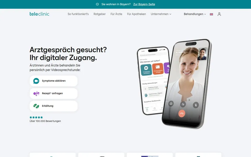 TeleClinic – Ansicht der Anbieter-Website