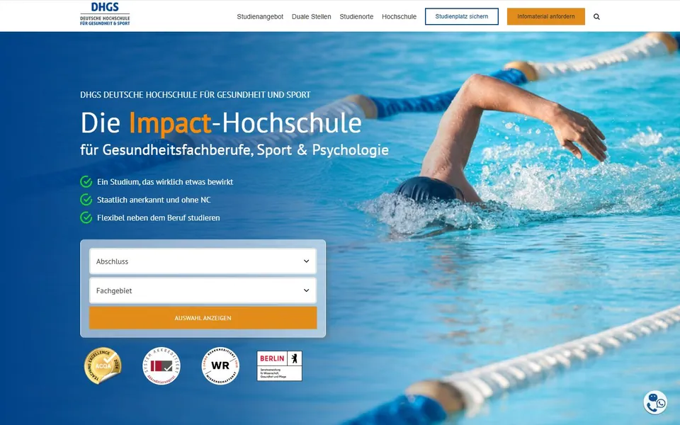 DHGS Deutsche Hochschule für Gesundheit und Sport – Ansicht der Anbieter-Website