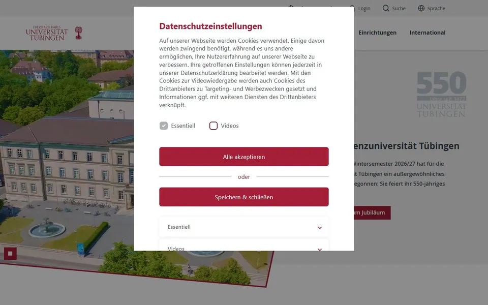 Universität Tübingen – Ansicht der Anbieter-Website