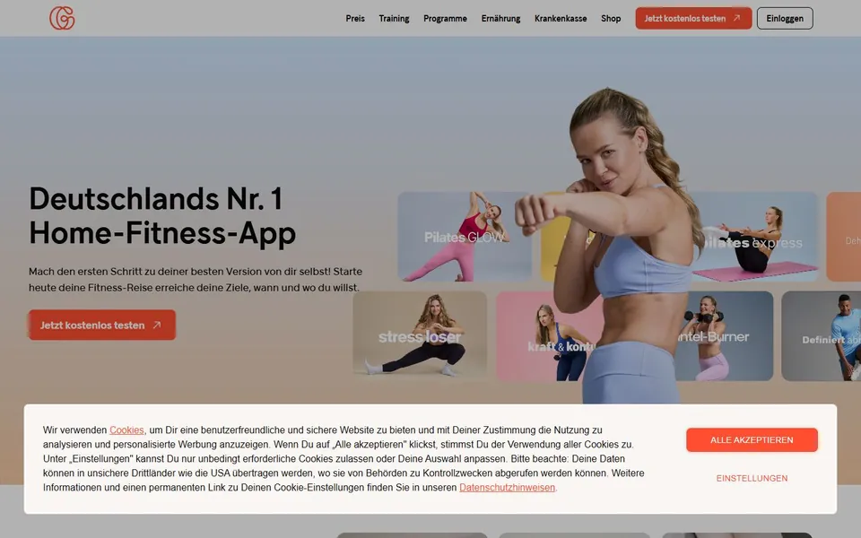 Gymondo – Ansicht der Anbieter-Website