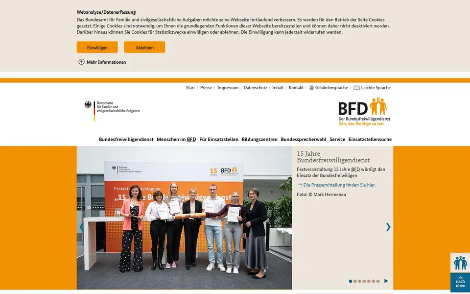 Bundesfreiwilligendienst – Ansicht der Anbieter-Website