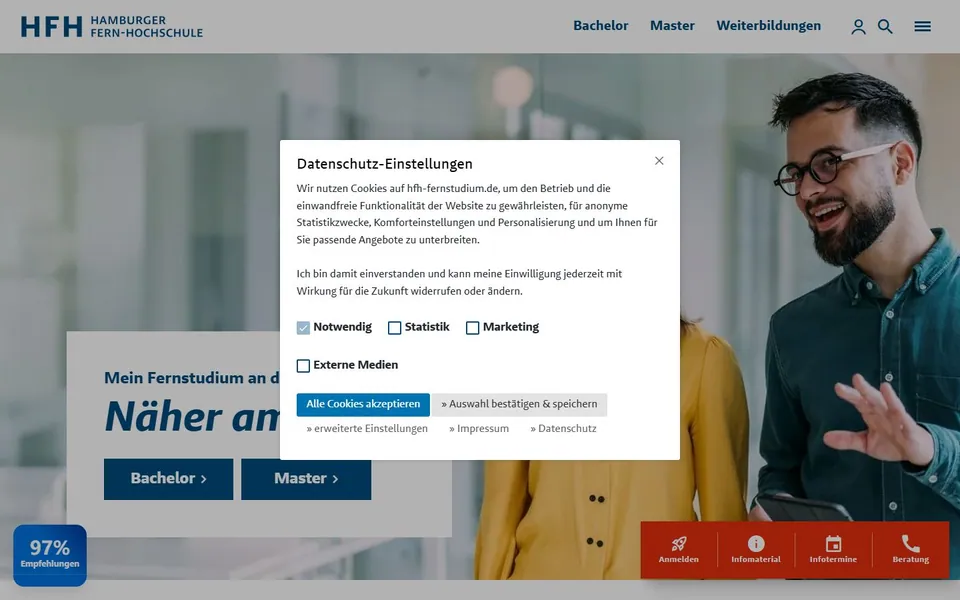 Hamburger Fern-Hochschule (HFH) – Ansicht der Anbieter-Website