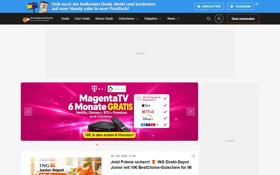 Schnäppchenfuchs – Ansicht der Anbieter-Website