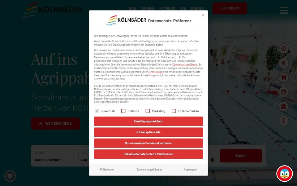 KölnBäder – Ansicht der Anbieter-Website