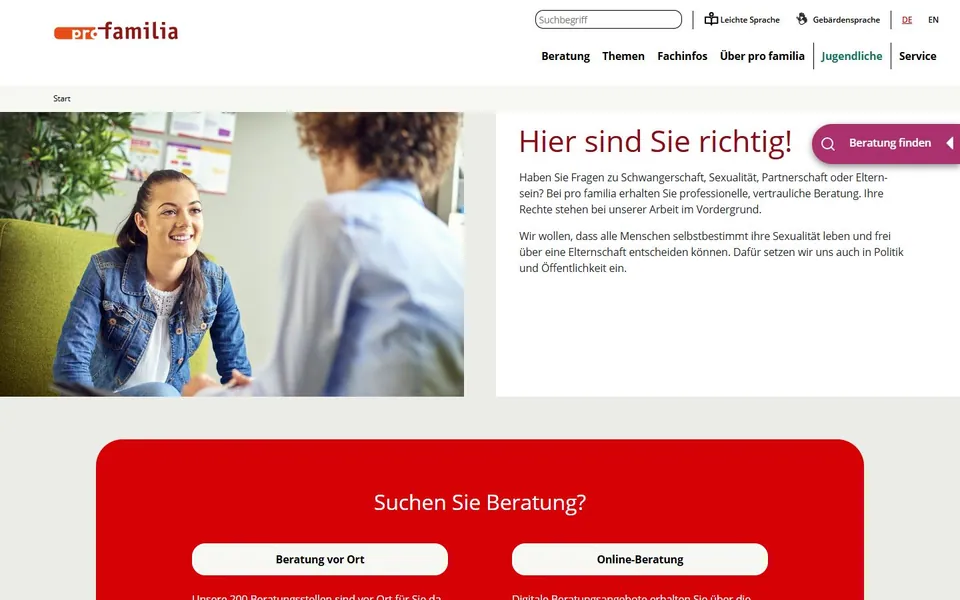 pro familia – Ansicht der Anbieter-Website
