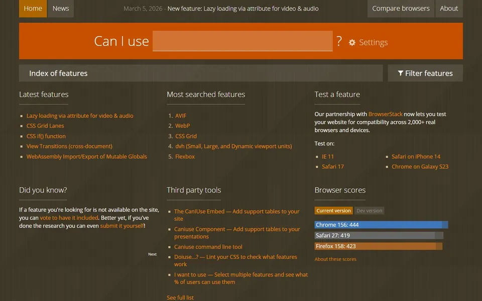 Can I use – Ansicht der Anbieter-Website