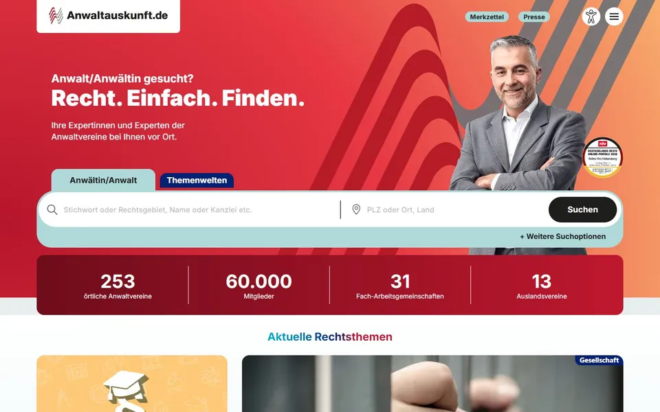 Deutsche Anwaltauskunft – Ansicht der Anbieter-Website