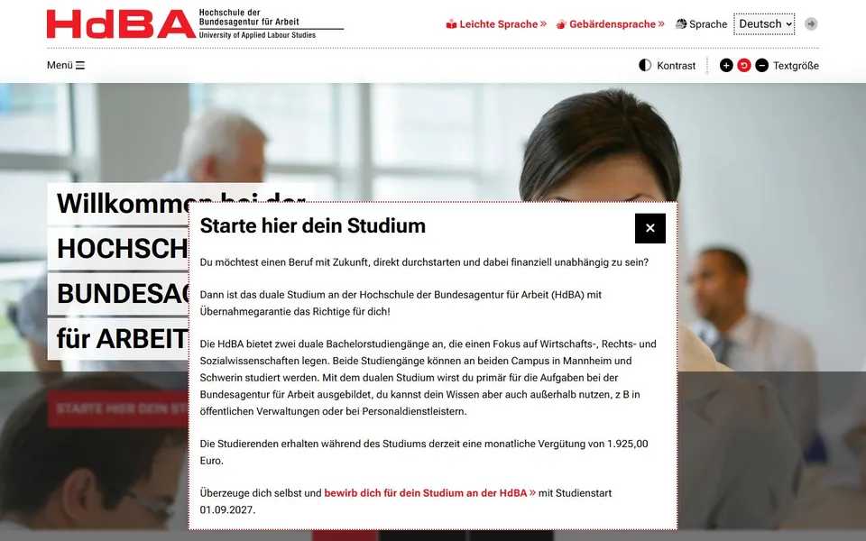 Hochschule der Bundesagentur für Arbeit (HdBA) – Ansicht der Anbieter-Website