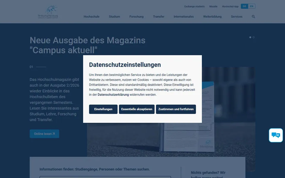 Technische Hochschule Aschaffenburg – Ansicht der Anbieter-Website