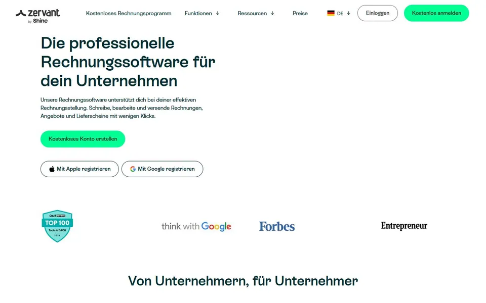 Zervant – Ansicht der Anbieter-Website