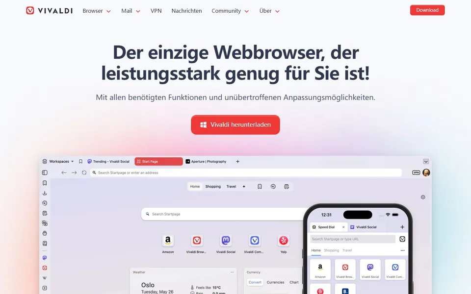 Vivaldi – Ansicht der Anbieter-Website