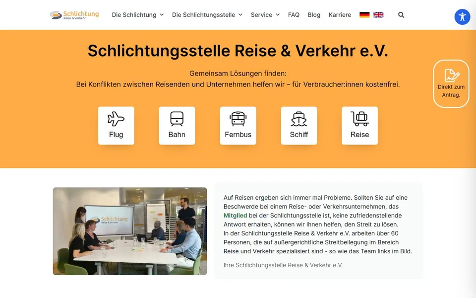 Schlichtungsstelle Reise & Verkehr – Ansicht der Anbieter-Website