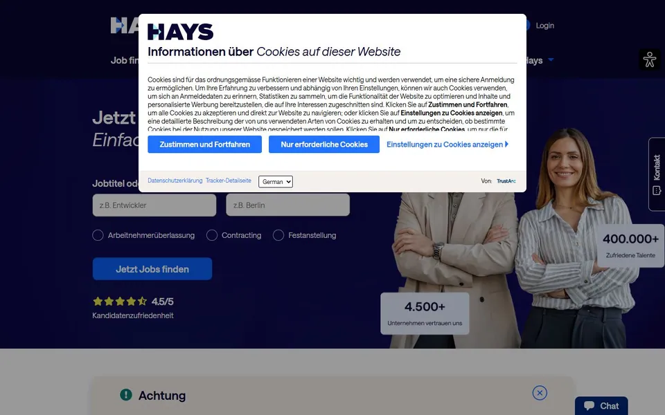 Hays – Ansicht der Anbieter-Website