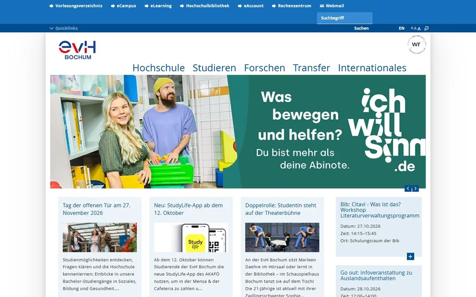 Evangelische Hochschule Rheinland-Westfalen-Lippe – Ansicht der Anbieter-Website