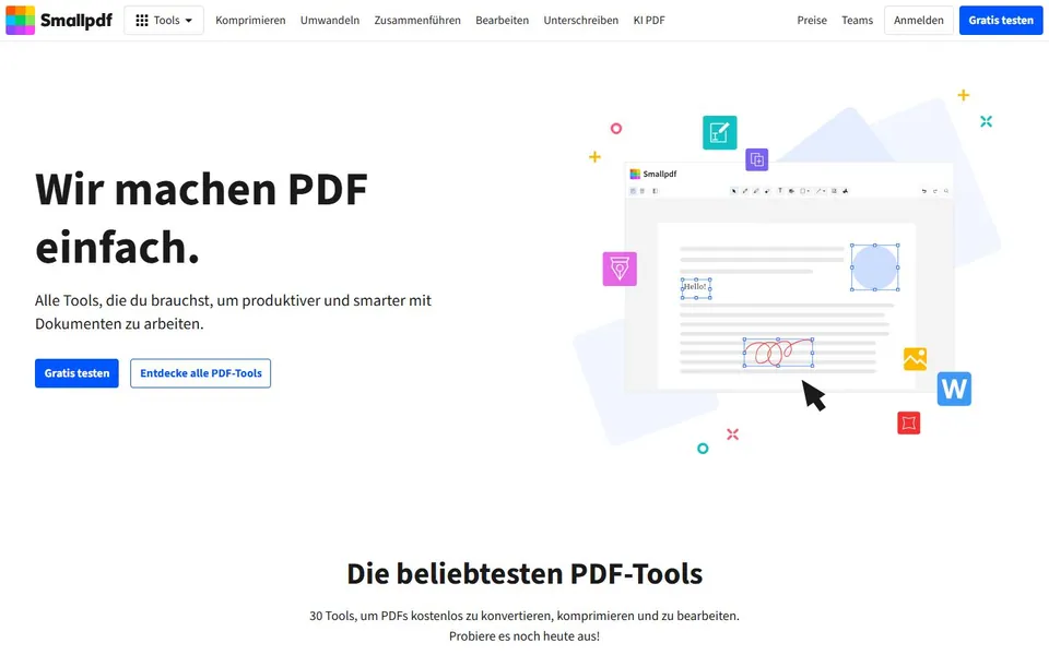 Smallpdf – Ansicht der Anbieter-Website