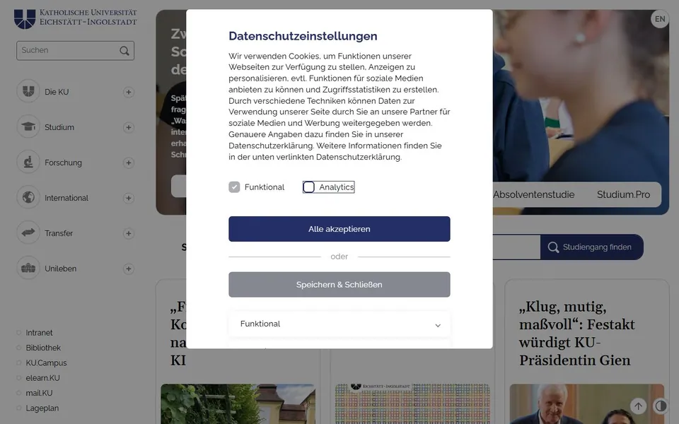 Katholische Universität Eichstätt-Ingolstadt – Ansicht der Anbieter-Website