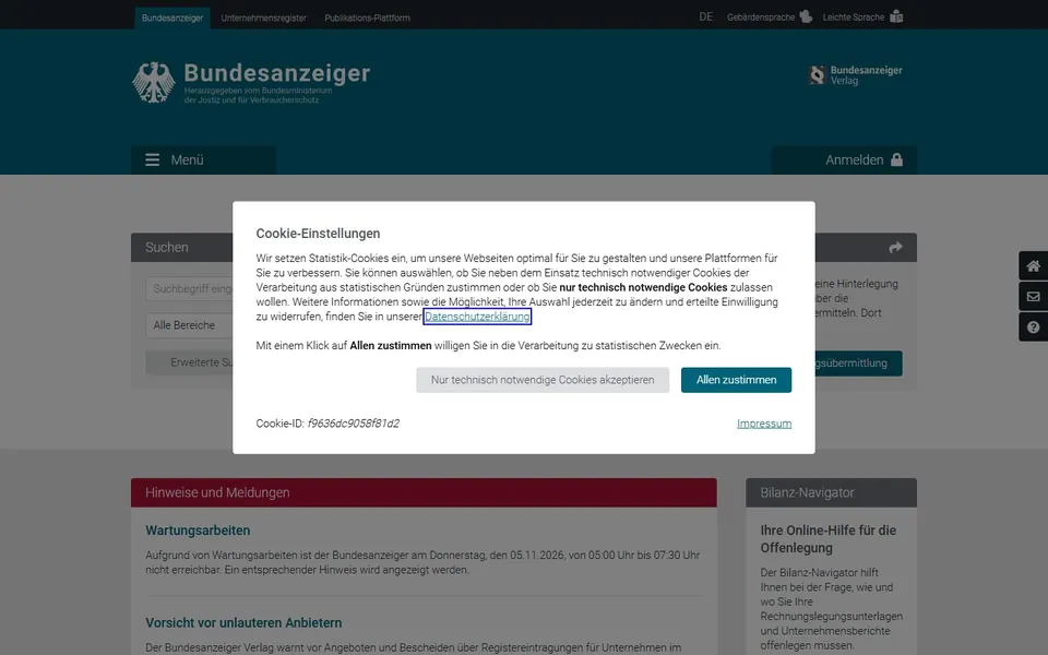 Bundesanzeiger – Ansicht der Anbieter-Website