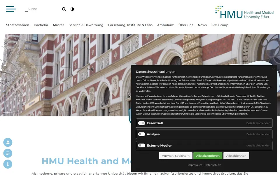 HMU Health and Medical University Erfurt – Ansicht der Anbieter-Website