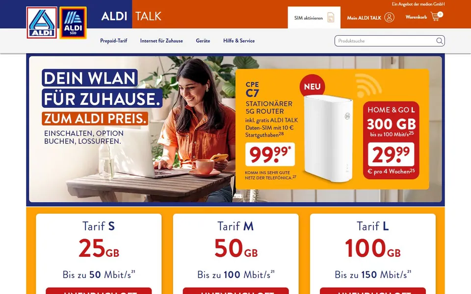 ALDI TALK – Ansicht der Anbieter-Website