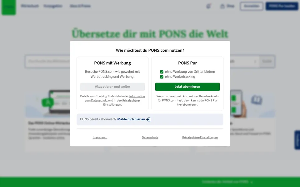 PONS – Ansicht der Anbieter-Website