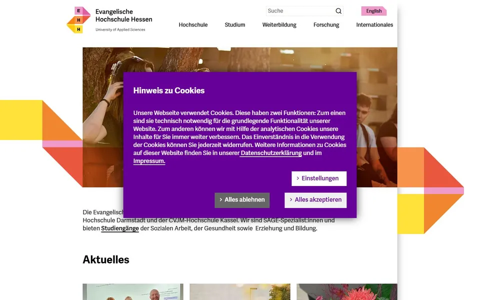 Evangelische Hochschule Hessen – Ansicht der Anbieter-Website