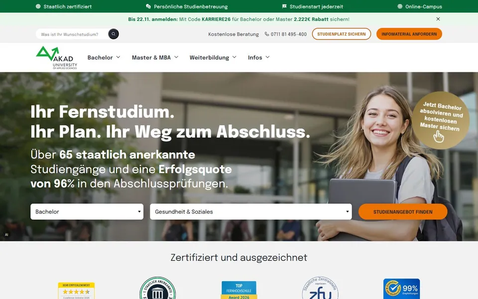 AKAD University – Ansicht der Anbieter-Website