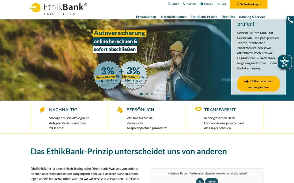EthikBank – Ansicht der Anbieter-Website