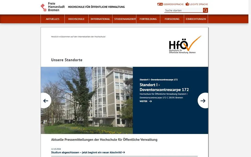 Hochschule für öffentliche Verwaltung Bremen – Ansicht der Anbieter-Website