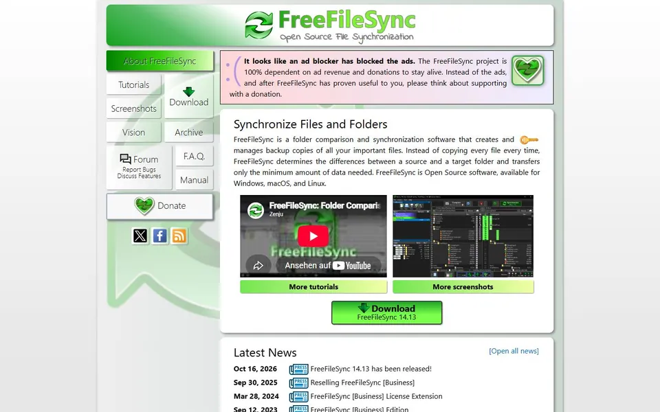 FreeFileSync – Ansicht der Anbieter-Website
