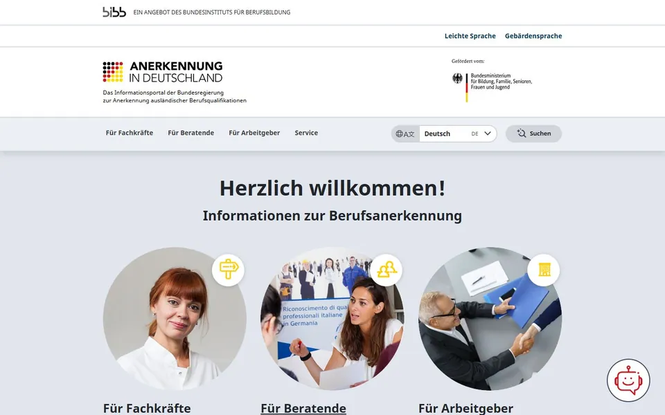 Anerkennung in Deutschland – Ansicht der Anbieter-Website