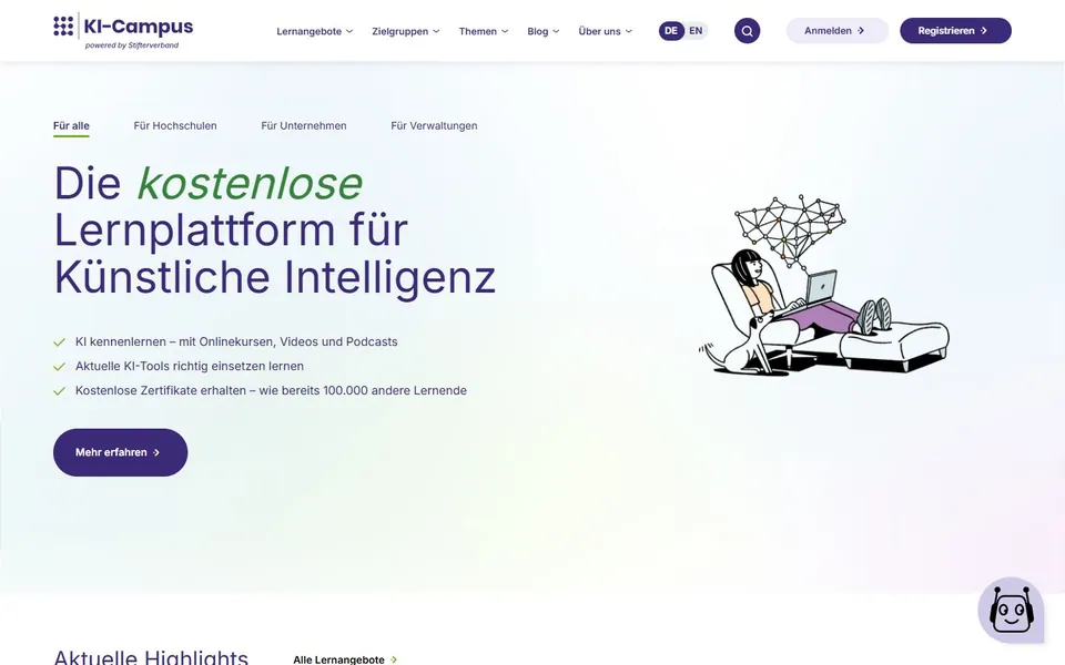 KI-Campus – Ansicht der Anbieter-Website